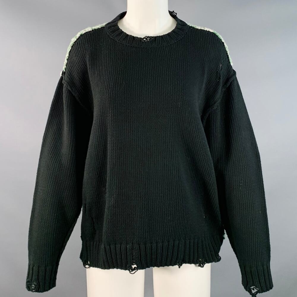 NSF XS Black Green White Cotton Blend Distressed Mesh Back Crew Neck Sweater